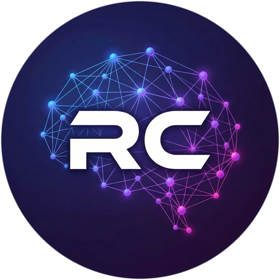 Logotipo circular de RC Business: letras RC y conexiones luminosas azules y violetas