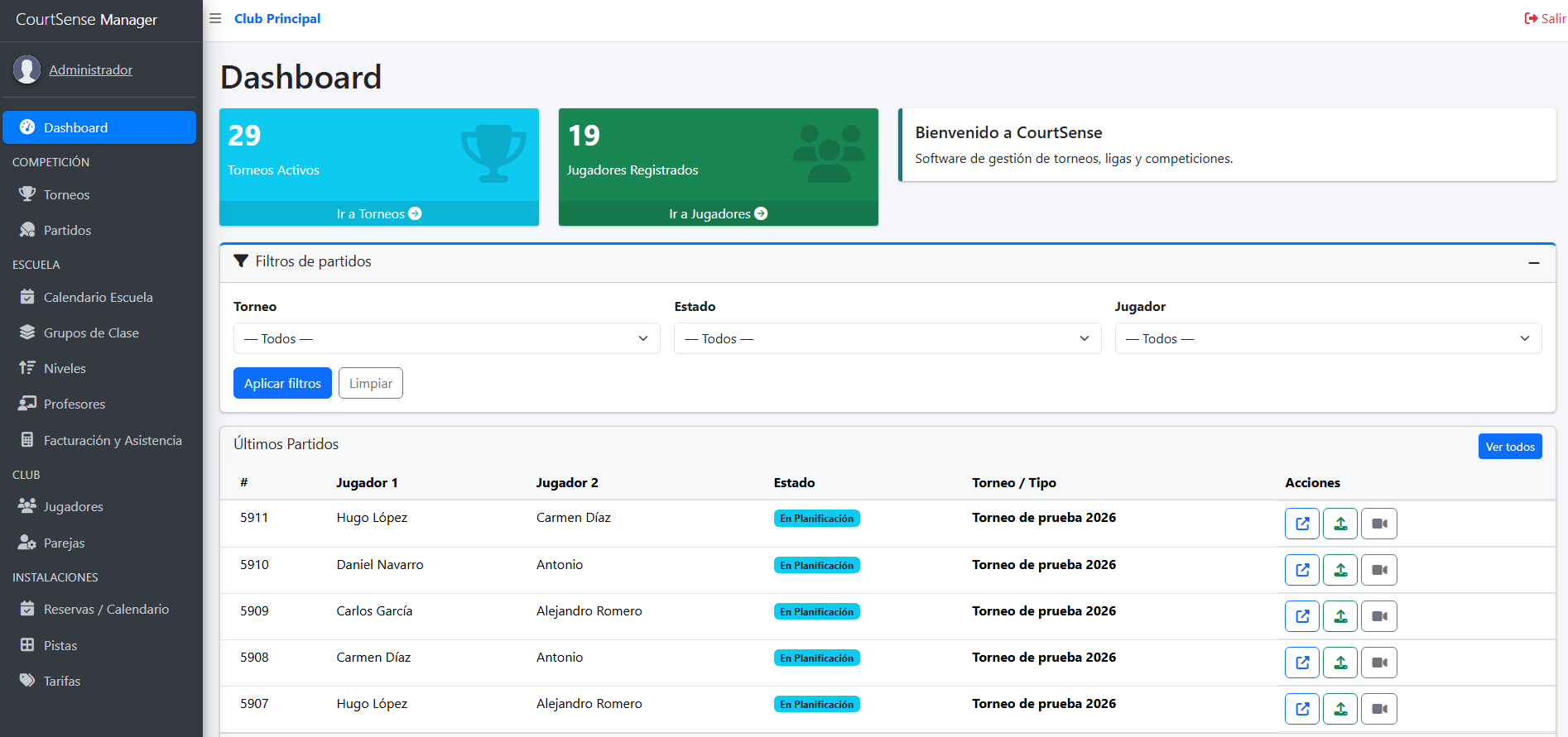 Captura real de CourtSense: panel de gestión de torneos, jugadores y partidos